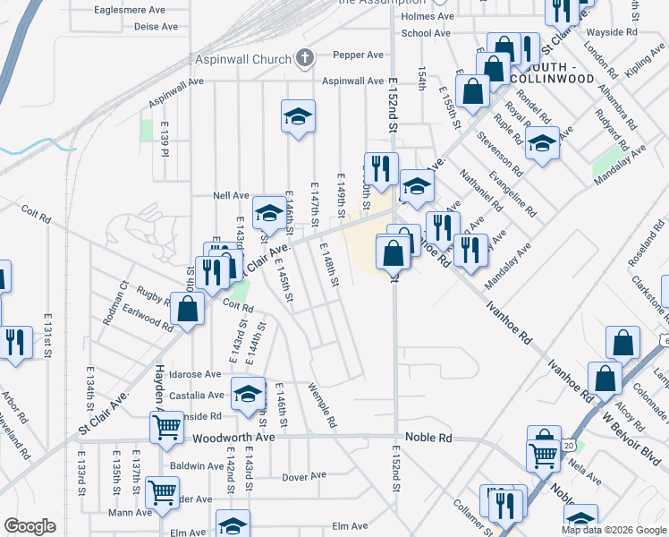 map of restaurants, bars, coffee shops, grocery stores, and more near 1021 East 147th Street in Cleveland
