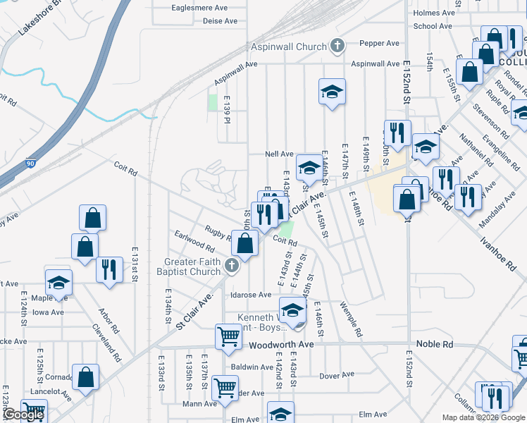 map of restaurants, bars, coffee shops, grocery stores, and more near 1019 East 141st Street in Cleveland