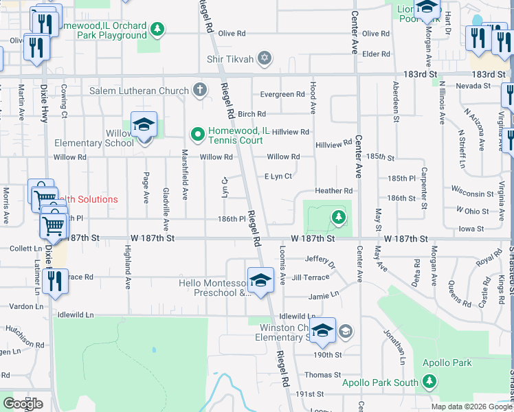 map of restaurants, bars, coffee shops, grocery stores, and more near 18600 Poplar Avenue in Homewood