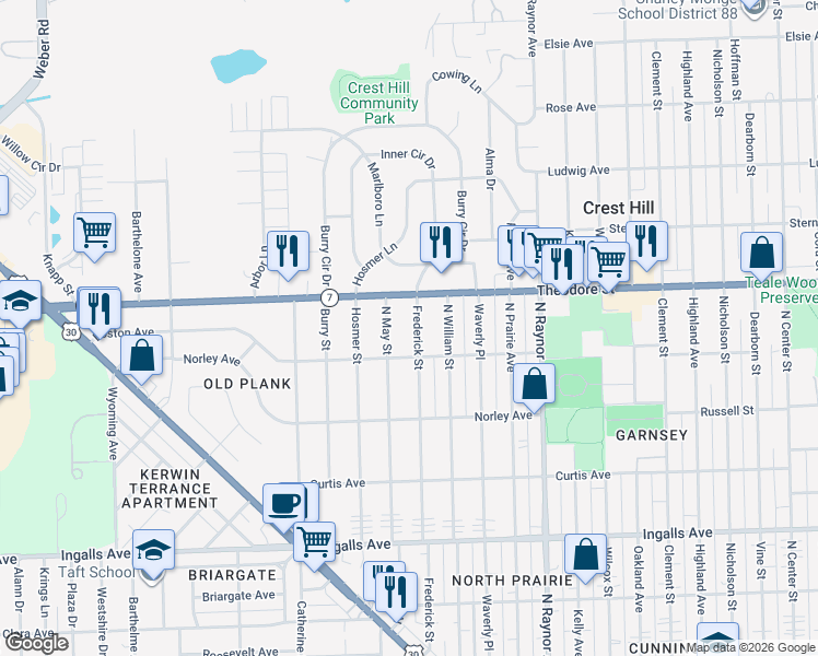 map of restaurants, bars, coffee shops, grocery stores, and more near 1517 Frederick Street in Joliet