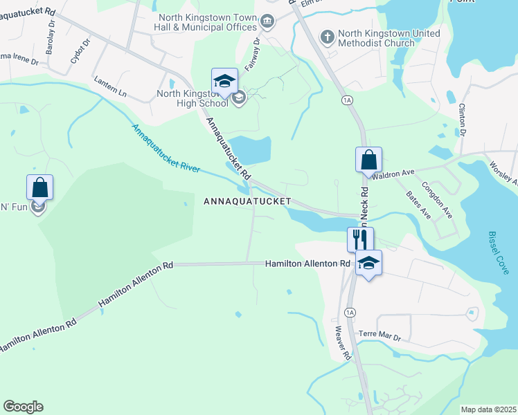 map of restaurants, bars, coffee shops, grocery stores, and more near 99 Featherbed Lane in North Kingstown