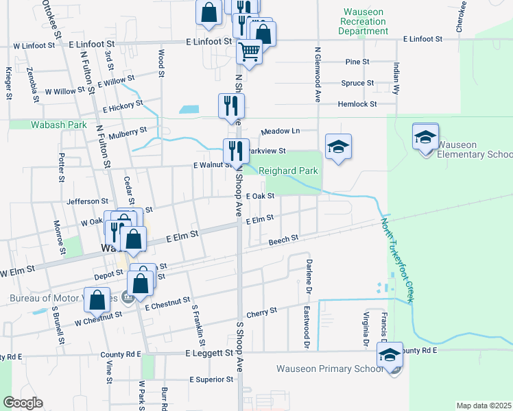 map of restaurants, bars, coffee shops, grocery stores, and more near 229 North Oakwood Street in Wauseon