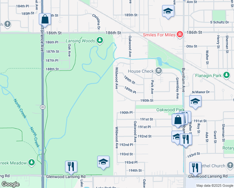 map of restaurants, bars, coffee shops, grocery stores, and more near 2809 190th Street in Lansing