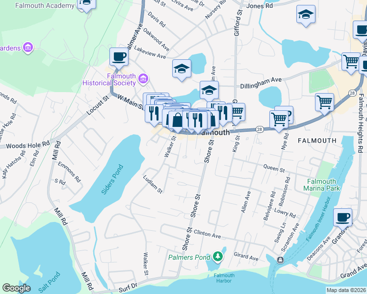 map of restaurants, bars, coffee shops, grocery stores, and more near 25 Elm Arch Way in Falmouth
