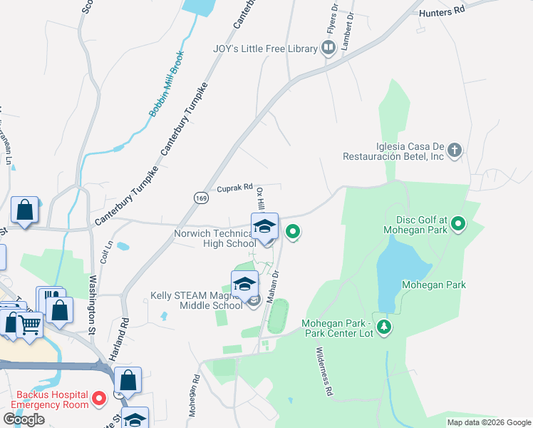 map of restaurants, bars, coffee shops, grocery stores, and more near 5 Ox Hill Lane in Norwich