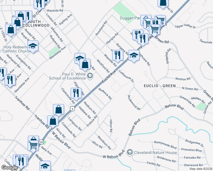 map of restaurants, bars, coffee shops, grocery stores, and more near 17500 Euclid Avenue in Cleveland