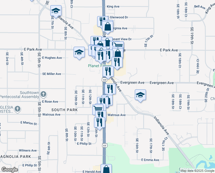map of restaurants, bars, coffee shops, grocery stores, and more near in Des Moines