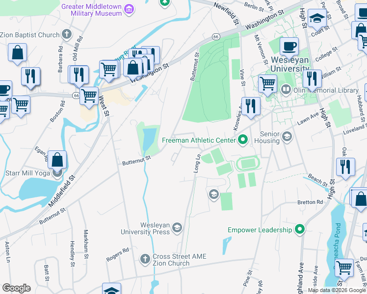 map of restaurants, bars, coffee shops, grocery stores, and more near 276 Cross Street in Middletown