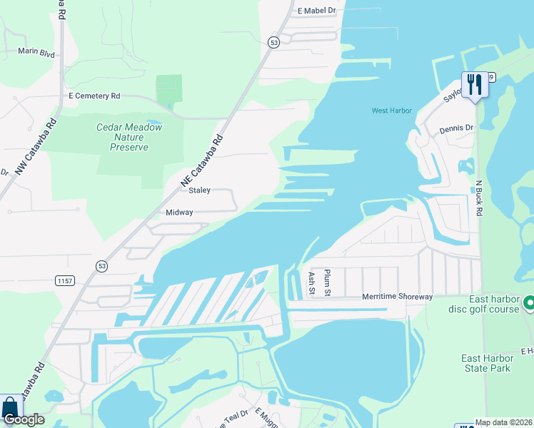 map of restaurants, bars, coffee shops, grocery stores, and more near 1899 Northeast Catawba Road in Port Clinton