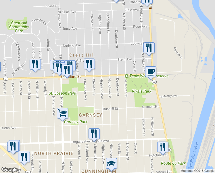 map of restaurants, bars, coffee shops, grocery stores, and more near 1511 Nicholson Street in Joliet