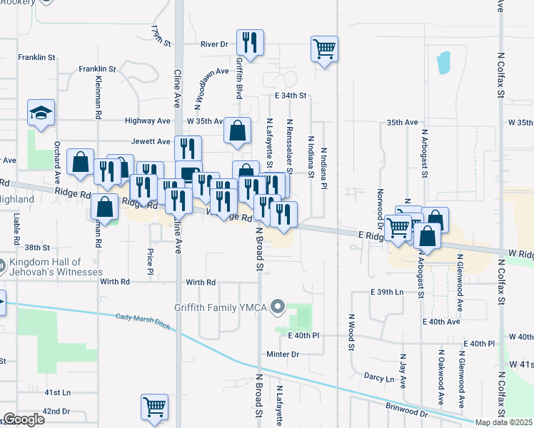 map of restaurants, bars, coffee shops, grocery stores, and more near 100 East Ridge Road in Griffith