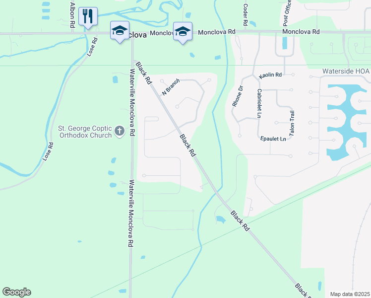 map of restaurants, bars, coffee shops, grocery stores, and more near 4802 Black Road in Monclova