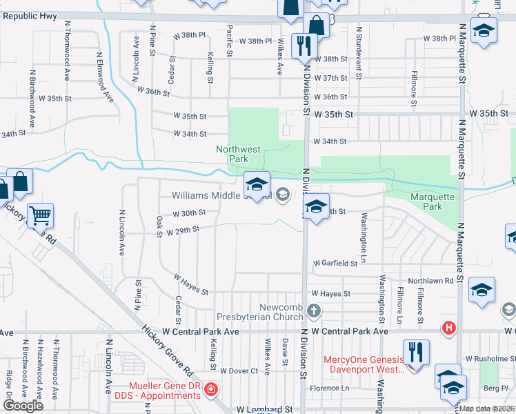 map of restaurants, bars, coffee shops, grocery stores, and more near 3040 North Division Street in Davenport