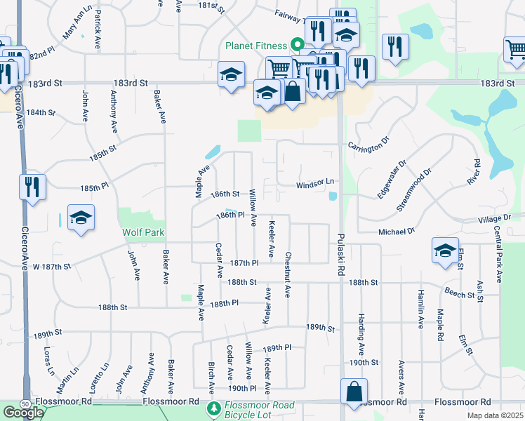 map of restaurants, bars, coffee shops, grocery stores, and more near 4212 186th Place in Country Club Hills