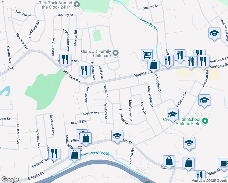 map of restaurants, bars, coffee shops, grocery stores, and more near 329 Mapleridge Drive in Waterbury