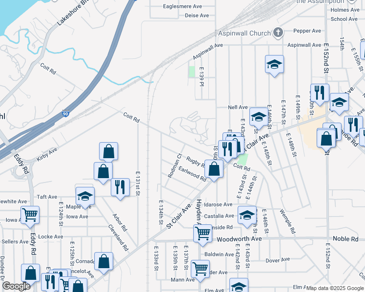 map of restaurants, bars, coffee shops, grocery stores, and more near 13612 Coit Road in Cleveland