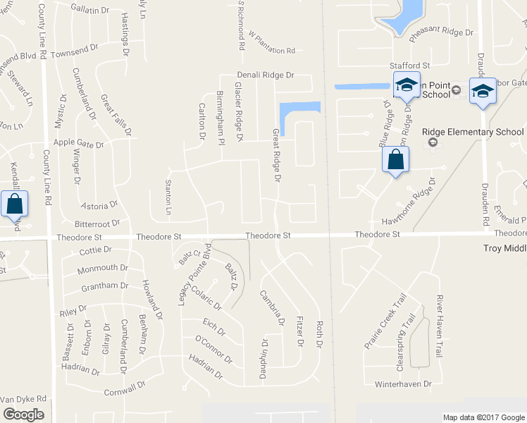map of restaurants, bars, coffee shops, grocery stores, and more near 1610 Cascade Ridge Drive in Plainfield