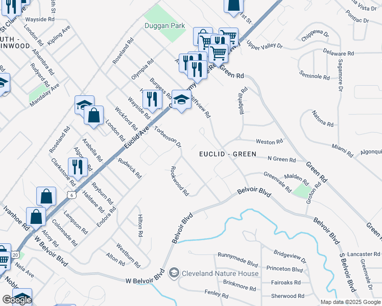 map of restaurants, bars, coffee shops, grocery stores, and more near in Cleveland