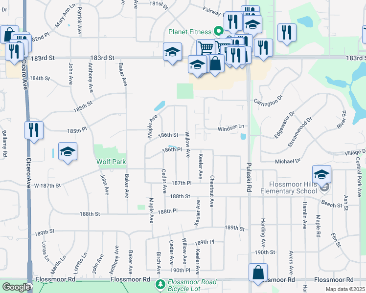map of restaurants, bars, coffee shops, grocery stores, and more near 4236 186th Place in Country Club Hills