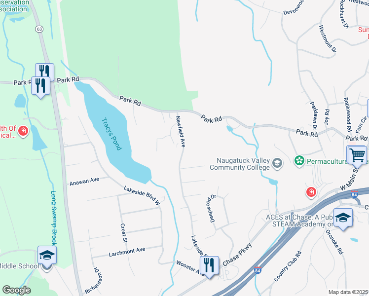 map of restaurants, bars, coffee shops, grocery stores, and more near 116 Newfield Avenue in Waterbury