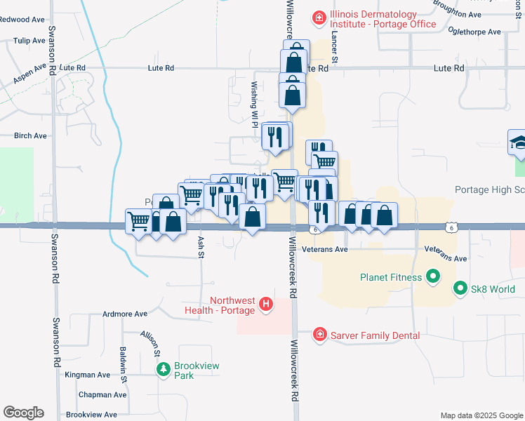 map of restaurants, bars, coffee shops, grocery stores, and more near 5942 U.S. 6 in Portage