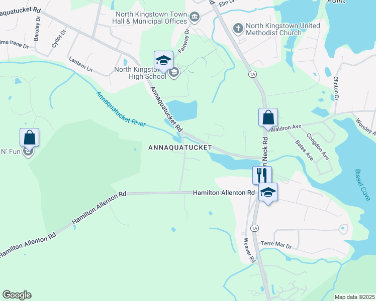 map of restaurants, bars, coffee shops, grocery stores, and more near 99 Featherbed Lane in North Kingstown