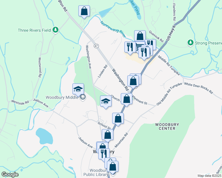 map of restaurants, bars, coffee shops, grocery stores, and more near 28 Church Street in Woodbury