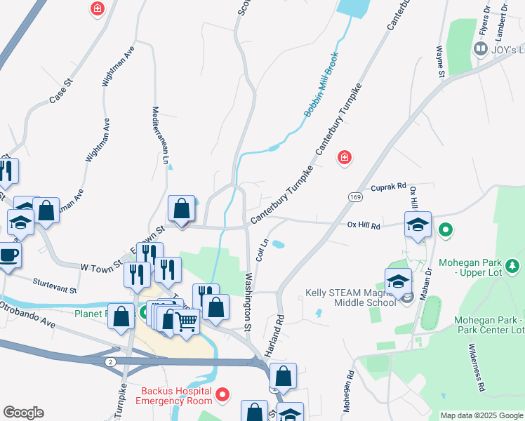 map of restaurants, bars, coffee shops, grocery stores, and more near 14 Canterbury Turnpike in Norwich