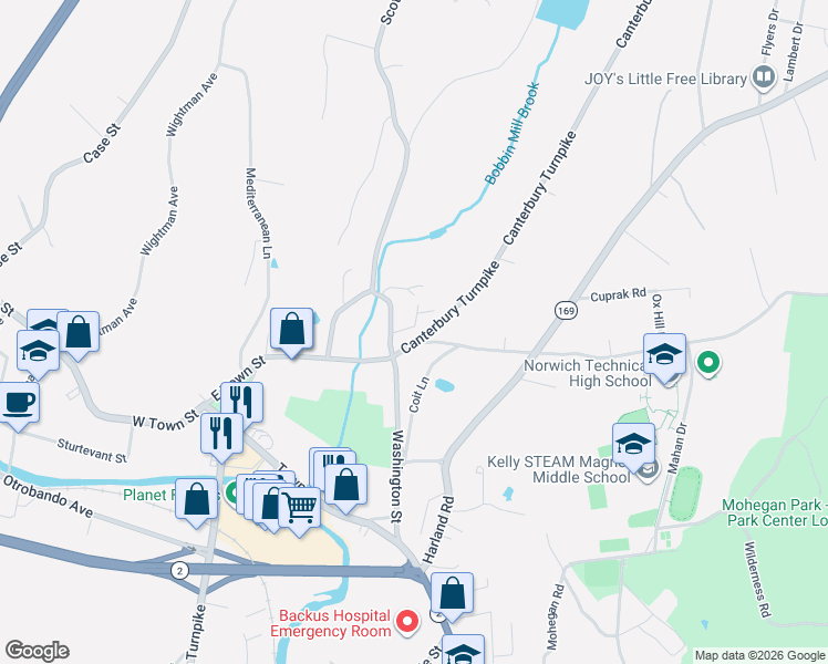 map of restaurants, bars, coffee shops, grocery stores, and more near 14 Canterbury Turnpike in Norwich