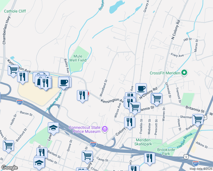 map of restaurants, bars, coffee shops, grocery stores, and more near 60 Woodland Street in Meriden