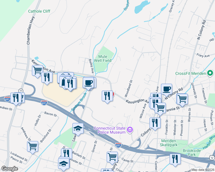 map of restaurants, bars, coffee shops, grocery stores, and more near 228 Kensington Avenue in Meriden