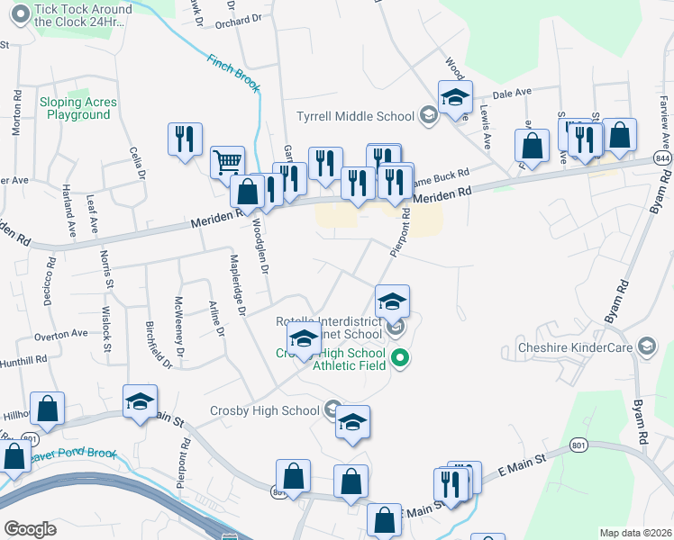 map of restaurants, bars, coffee shops, grocery stores, and more near 50 Timber Lane in Waterbury