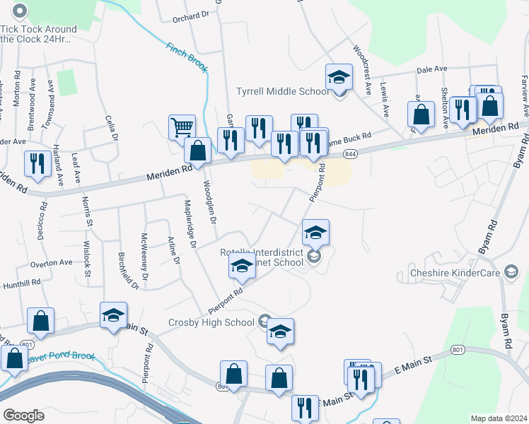 map of restaurants, bars, coffee shops, grocery stores, and more near 99 Fairwood Avenue in Waterbury