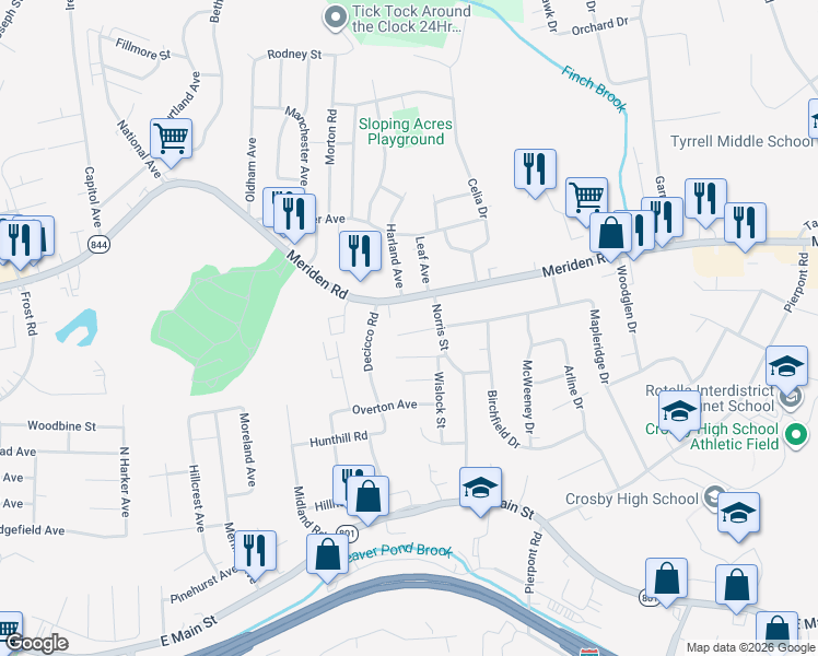 map of restaurants, bars, coffee shops, grocery stores, and more near 1038 Meriden Road in Waterbury