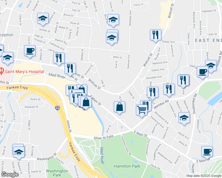 map of restaurants, bars, coffee shops, grocery stores, and more near 36 Farragut Street in Waterbury