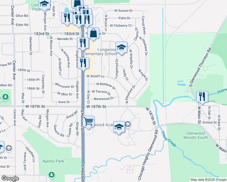 map of restaurants, bars, coffee shops, grocery stores, and more near 803 North Rainbow Drive in Glenwood
