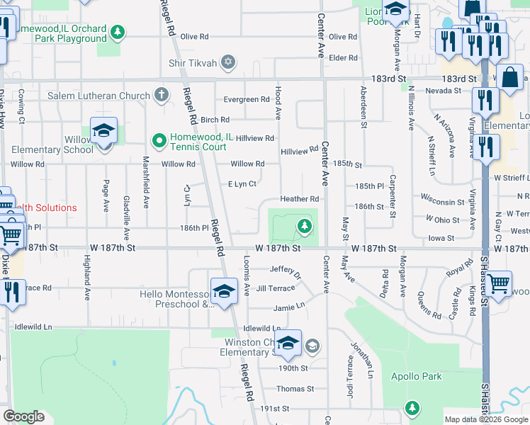 map of restaurants, bars, coffee shops, grocery stores, and more near 1315 Heather Road in Homewood