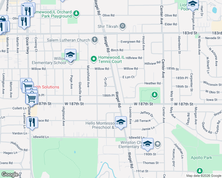map of restaurants, bars, coffee shops, grocery stores, and more near 1521 186th Street in Homewood