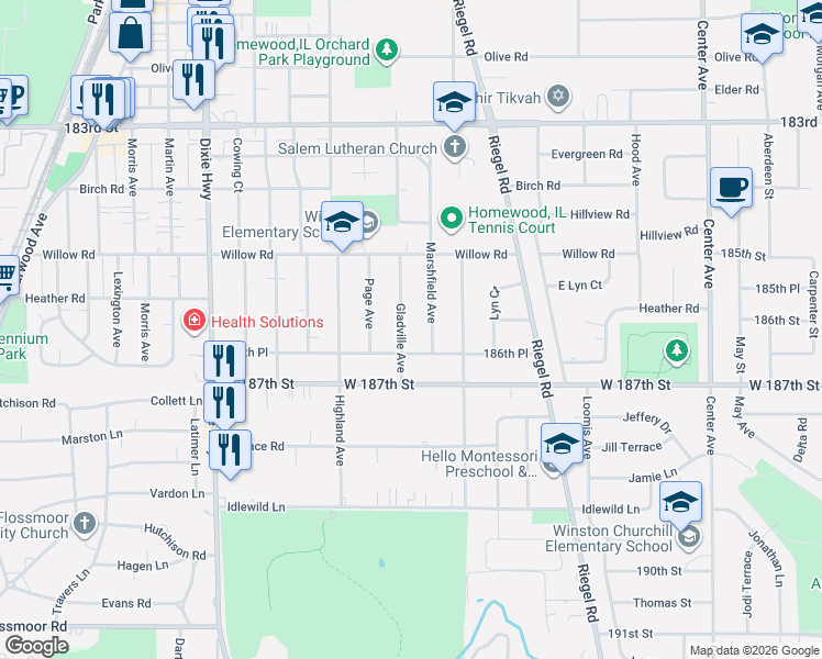 map of restaurants, bars, coffee shops, grocery stores, and more near 18624 Marshfield Avenue in Homewood
