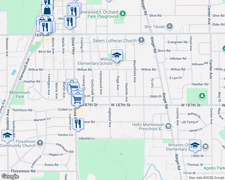 map of restaurants, bars, coffee shops, grocery stores, and more near 18625 Highland Avenue in Homewood