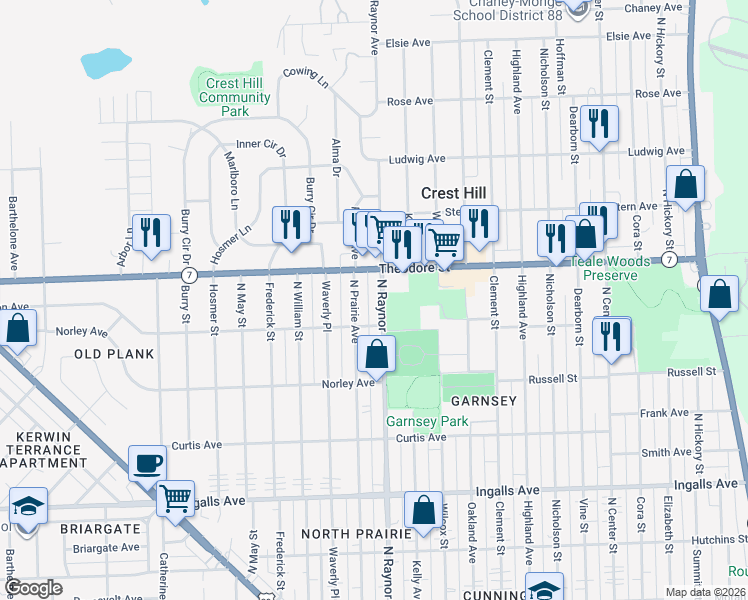 map of restaurants, bars, coffee shops, grocery stores, and more near 1516 North Prairie Avenue in Joliet