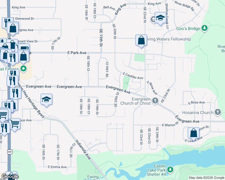 map of restaurants, bars, coffee shops, grocery stores, and more near 1927 Evergreen Avenue in Des Moines