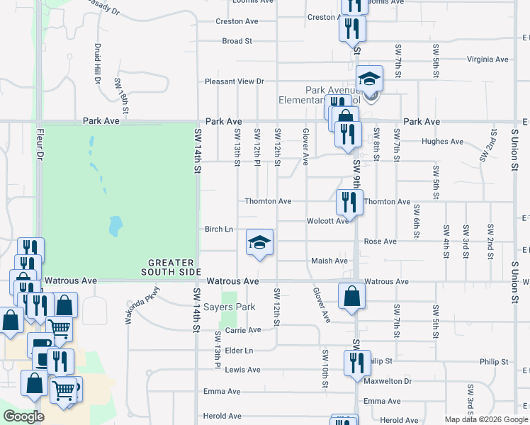 map of restaurants, bars, coffee shops, grocery stores, and more near 1220 Thornton Avenue in Des Moines