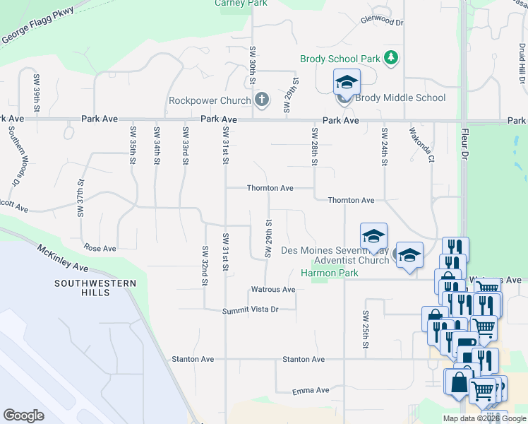 map of restaurants, bars, coffee shops, grocery stores, and more near 3608 Southwest 29th Street in Des Moines