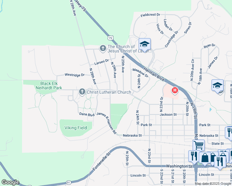 map of restaurants, bars, coffee shops, grocery stores, and more near 2526 College Drive in Blair