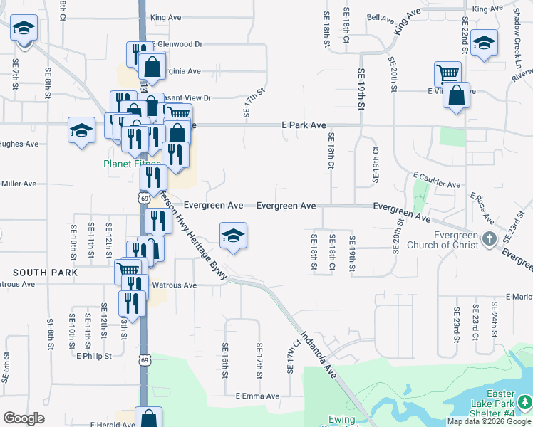 map of restaurants, bars, coffee shops, grocery stores, and more near 1701 Evergreen Avenue in Des Moines