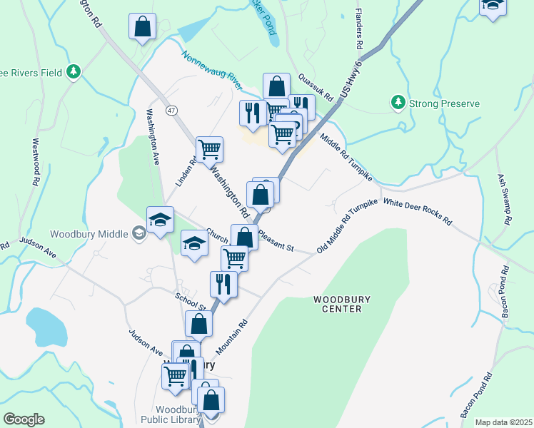map of restaurants, bars, coffee shops, grocery stores, and more near 24 Main Street North in Woodbury
