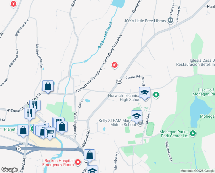map of restaurants, bars, coffee shops, grocery stores, and more near 42 Ox Hill Road in Norwich