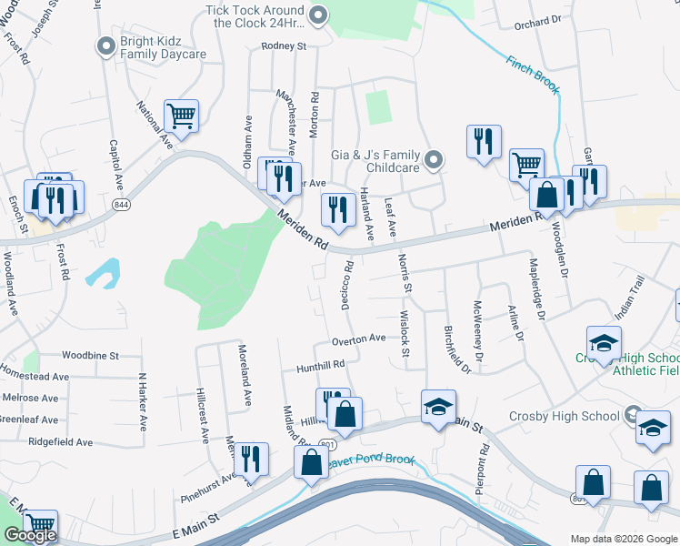 map of restaurants, bars, coffee shops, grocery stores, and more near 990 Meriden Road in Waterbury