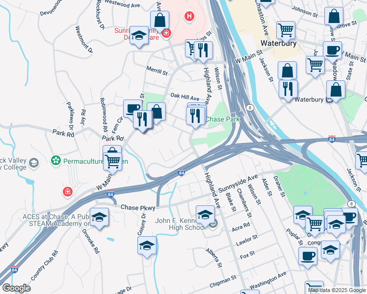 map of restaurants, bars, coffee shops, grocery stores, and more near 50 Sagamore Avenue in Waterbury